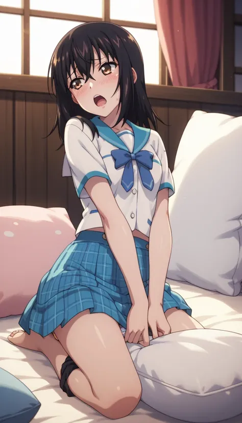 An image of Yukina Himeragi, Sailor fuko and blue skirt, humiliated, Sitting on knees on a pillow, pillow between legs, moaning , para jorobar , panties pull ,