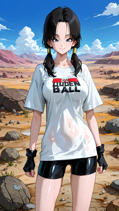 (masterpiece,best quality:1.2,amazing quality,very aesthetic, absurdres,newest) ,YamamotoXLP,,
 , Videl, dragon ball,1girl,solo(ideal ratio body proportions:1.2) ,(slender body:1.2, skinny:1.2), medium breasts,black hair,parted bangs,low twintails,smile,wh...