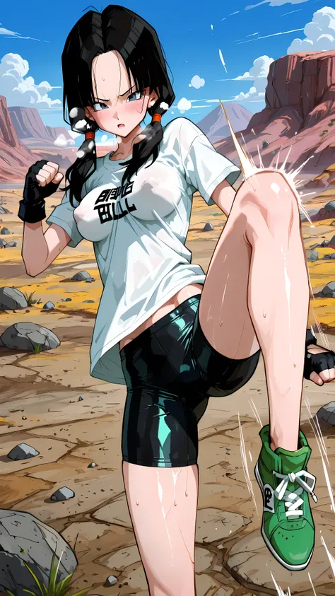 (masterpiece,best quality:1.2,amazing quality,very aesthetic, absurdres,newest) ,YamamotoXLP,,
 , Videl, dragon ball,1girl,solo(ideal ratio body proportions:1.2) ,(slender body:1.2, skinny:1.2), medium breasts,black hair,parted bangs,low twintails,blush,he...