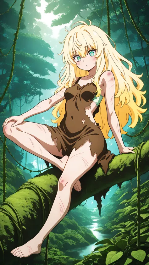 masterpiece, best quality, amazing quality, (character:1.4), Wild Former Daughter, Human Girl, Superb Blonde, Healthy Skin, Sharp Eyes, Wild look, supple body, (Costume:1.5), 豪華なドレスを改造した野性的なCostume、Torn Bra Top, tattered fabric, ripped dress skirt, Barefoo...