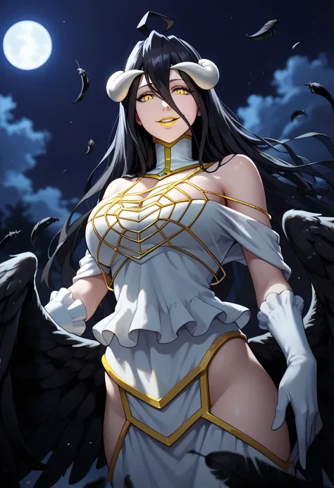 bottom view, woman, big breasts, anime style, yellow lipstick, white skin, amazing lighting, night, wings, black feathers, black wings, solo, focus on character, bright yellow eyes, black hair, white horns, straight hair, long hair, open arms, sensual smil...