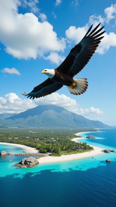 highdefinition images,Uninhabited island、big eagle、wings spread out against the background、The coastline is flying with