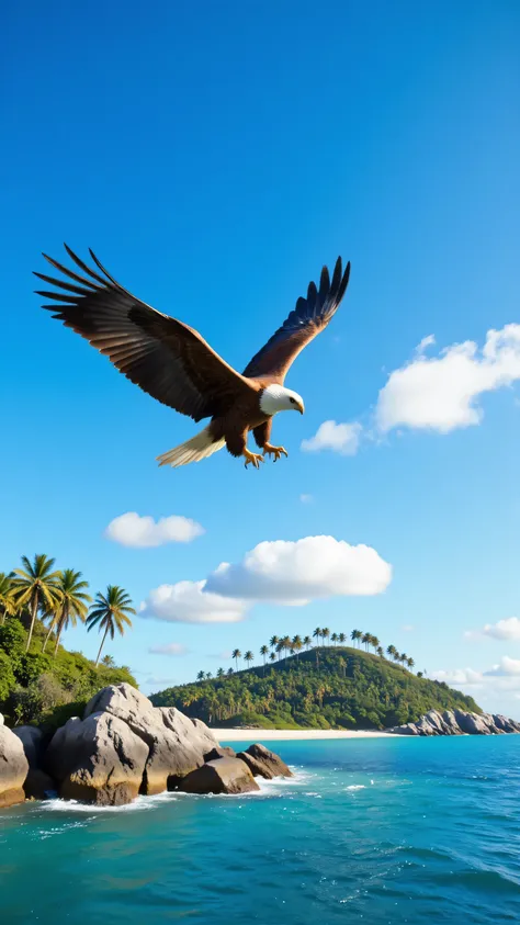 highdefinition images,Uninhabited island、big eagle、wings spread out against the background、The coastline is flying with