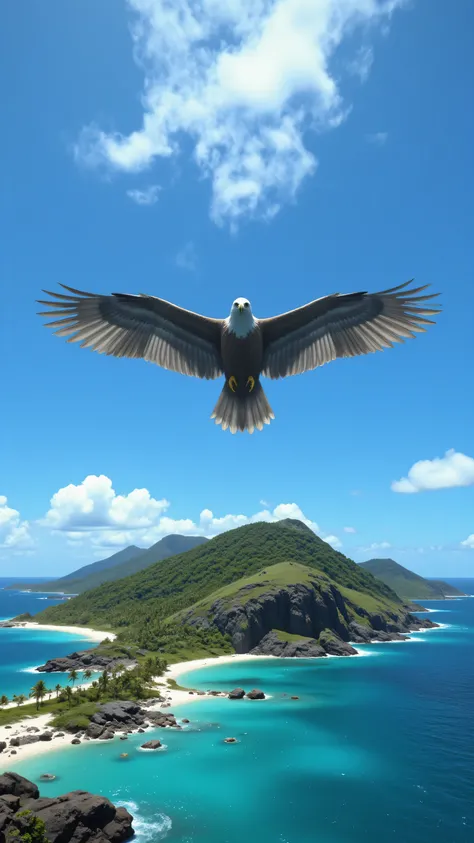 highdefinition images,Uninhabited island、big eagle、wings spread out against the background、The coastline is flying with
