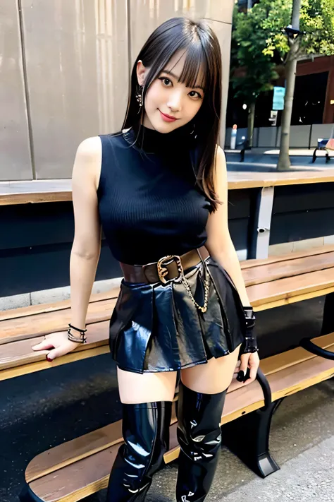 (large breast), (detailed face:2.4), full body photo, she is in a street, (standing by a bench:1.9), (hands next to the waist:2.2), one girl, ((High resolution)), blonde hair, Light Hair Color, sexy, Beautiful eyelashes ,High resolution ,Zoom out ,20-year-...