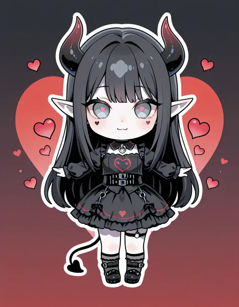 (Red heart background) A cute picture of a chibi demon girl with black demon horns and black demon tail, pale skin, grey eyes, long black hair, elf ears, gothic style clothing, made into a sticker