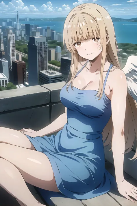 draw a woman with angel wings on her back，A woman looking at the city from the top of a skyscraper，long dress，Women with Adorable Smiles，彼女の表情をPlease draw more delicately，，，Women with Adorable Smiles, ，，                 they are relaxed                 ， ，...