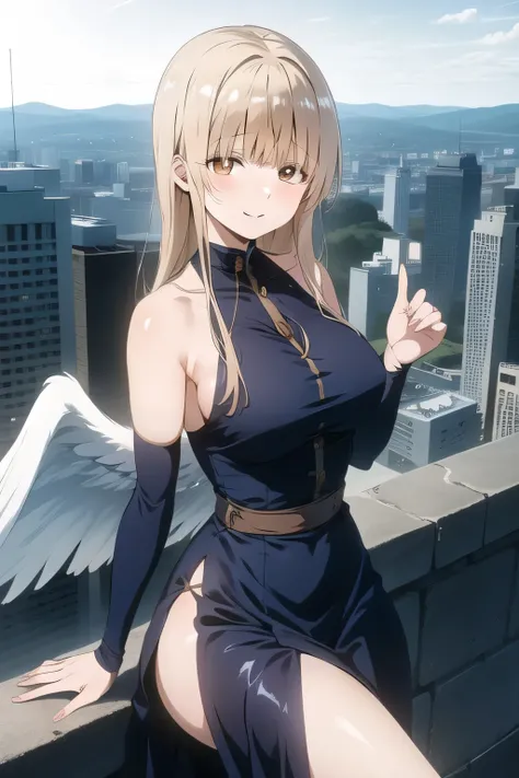 Can you draw a woman with angel wings on her back，A woman looking at the city from the top of a skyscraper，long dress，Women with Lovely Smiles，彼女の表情をPlease draw more delicately，，，Women with Lovely Smiles, ，，                they are relaxed                ，...