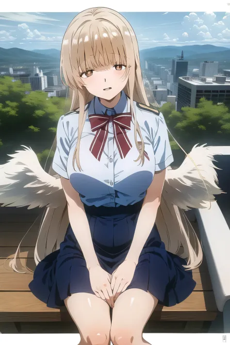can you draw a woman in a school uniform，There are no angel wings、，a woman looking down over the city from the roof of a skyscraper，，Women with Adorable Smiles，彼女のdraw her expression more delicately，，，Women with Adorable Smiles, ，，                 they are...