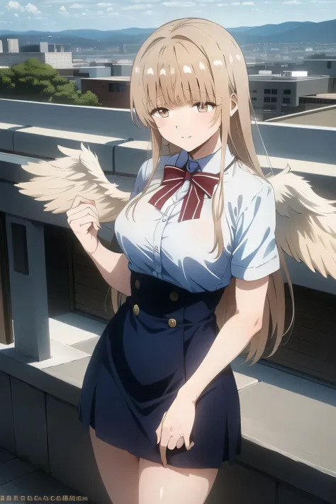 can you draw a woman in a school uniform，There are no angel wings、，a woman looking down over the city from the roof of a skyscraper，，Women with Adorable Smiles，彼女のdraw her expression more delicately，，，Women with Adorable Smiles, ，，                 they are...