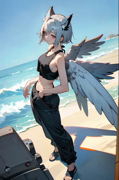 One adult female、solo、short gray hair、Dog Ears、silver eyes、Smile Yan、wears a black tank top、black bikini pants、slender body、(Angel wings on your back)、(Spread both wings:1.3)、Big wings、Outdoors、Standing under the blue sky、from above、masterpiece、High Qualit...