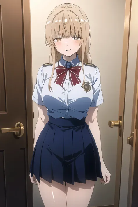  Brown Long Haired Women，nice smile，and I'm drawing her expression even more delicately，I'm at the front door，，pleated miniskirt，School uniform outfit，，cinematic lighting and ray tracing ,Customer Service, ，，               they are relaxed               ， ...