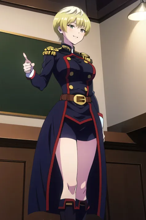 A woman with yellow short hair，，Navy Blue Uniform，micro mini skirt,Blue panties，Women with Lovely Smiles，can you draw a picture looking back at the blackboard，pleated miniskirt，美しいfoot，I&#39;I'm wearing boots，fighting women，don't crop your face because fac...