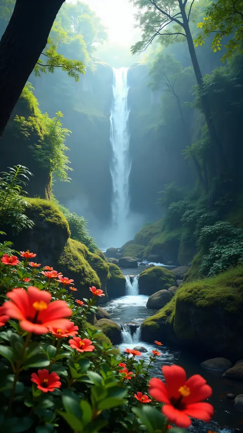  in high-definition images、Chroma V5、Bink Punk 、masterpiece、最high quality、high quality、very detailedなリアルな8k壁紙、Textured Scenery by Greg Staples、World's Most Beautiful Jungle Scenery Pictures、(Natural Scenery)、Award Winning Photos、color difference、high definition、Bloom、Photorealistic Happy Feeling、very detailed、Popular on Artstation、Popular on CGSociety、complicated、high detail、Dramatic、RTX on、Magical Sparkling Flowers、(fog)、 fantasy、waterfall