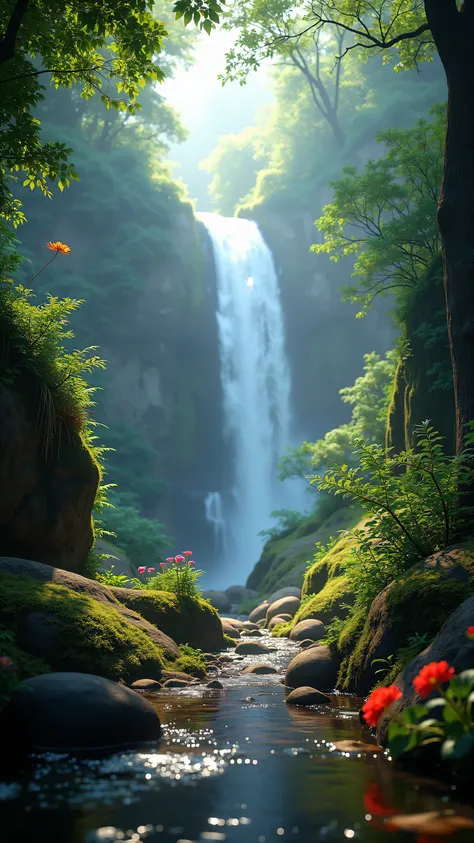  in high-definition images、Chroma V5、Bink Punk 、masterpiece、最high quality、high quality、very detailedなリアルな8k壁紙、Textured Scenery by Greg Staples、World's Most Beautiful Jungle Scenery Pictures、(Natural Scenery)、Award Winning Photos、color difference、high definition、Bloom、Photorealistic Happy Feeling、very detailed、Popular on Artstation、Popular on CGSociety、complicated、high detail、Dramatic、RTX on、Magical Sparkling Flowers、(fog)、 fantasy、waterfall