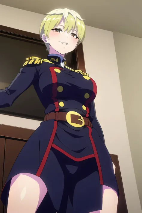 Woman with short yellow hair，Please draw her expression more delicately，Alone，，Navy Blue Uniform，micro mini skirt,blue panties，Adorable Smiling Woman ，，pleated miniskirt，Please stand at the teacher's house and draw，，The Woman Who Fighters，facial expression...