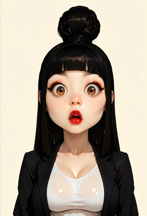 ((female asian, face asian)), perfect face, black hair, (top knot hair bun), hime cut hair, black eyebrows, thin eyebrows, big eyes, brown eyes, nose, (surprised), red lips, beautiful face, collarbone, cleavage, (medium breasts, perfect breasts), (black ja...