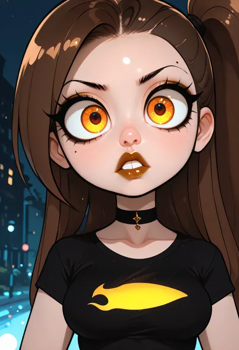 outdoors, 1girl, long hair, slick back side ponytail, brown hair, black eyebrows, thin eyebrows, pink eyeshadows, black eyeliners, big eyes, glowing golden eyes, thick lipstick, perfect face, beautiful girl, t-shirt, black t-shirt, medium breasts, black ch...