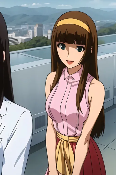 nice smile,Faces are very important,brown straight long hair，big boobsをさらにbig boobsに描いて下さい，micro mini skirt，I'm wearing boots，Yellow hair band on the head,，，Smiling woman looking at the scenery from the roof of a skyscraper，，            ,（let's draw a more...