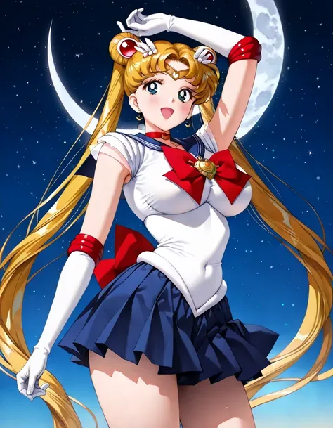 masterpiece, Newest, vibrant, Very Aesthetic, high contrast, mature woman,( Tsukino Usagi , golden hair, long hair, twin tail,large breasts),((back bow, blue sailor collar, blue skirt, bow, brooch, choker, crescent moon, elbow gloves, gloves, jewelry, magi...
