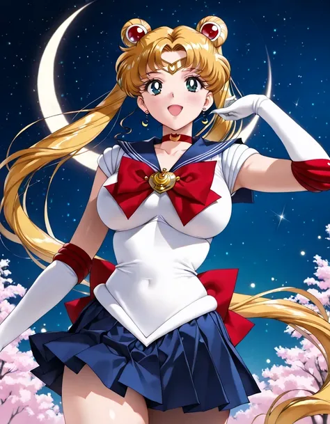 masterpiece, Newest, vibrant, Very Aesthetic, high contrast, mature woman,( Tsukino Usagi , golden hair, long hair, twin tail,large breasts),((back bow, blue sailor collar, blue skirt, bow, brooch, choker, crescent moon, elbow gloves, gloves, jewelry, magi...