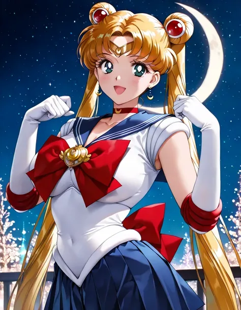 masterpiece, Newest, vibrant, very aesthetic, high contrast, mature woman,( Tsukino Usagi , golden hair, long hair, twin tails,large breasts),((back bow, blue sailor collar, blue skirt, bow, brooch, choker, crescent moon, elbow gloves, gloves, jewelry, mag...