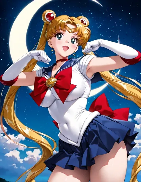 masterpiece, Newest, vibrant, very aesthetic, high contrast, mature woman,( Tsukino Usagi , golden hair, long hair, twin tails,large breasts),((back bow, blue sailor collar, blue skirt, bow, brooch, choker, crescent moon, elbow gloves, gloves, jewelry, mag...