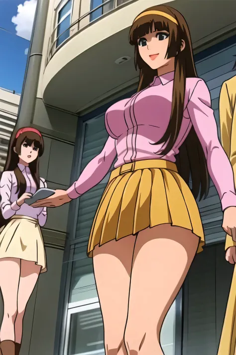 Please draw her facial expressions more delicately，nice smile,Faces are very important,brown straight long hair，爆乳のbig breastsをさらにbig breastsに描いて下さい，micro mini skirt，I'm wearing boots，Yellow hair band on the head,，，Smiling woman looking at the scenery from...