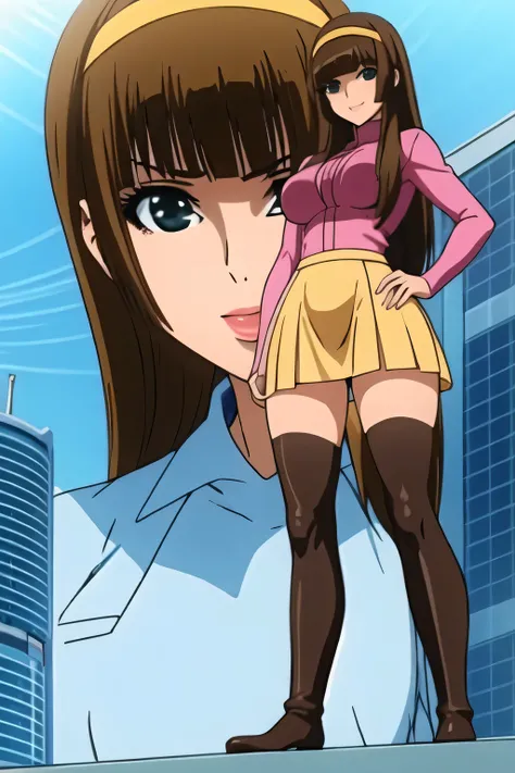 please draw her expression more delicately，nice smile,Faces are very important,brown straight long hair，爆乳のbig boobsをさらにbig boobsに描いて下さい，micro mini skirt，I'm wearing boots，Yellow hair band on the head,，，smiling woman watching the view from the roof of a sk...