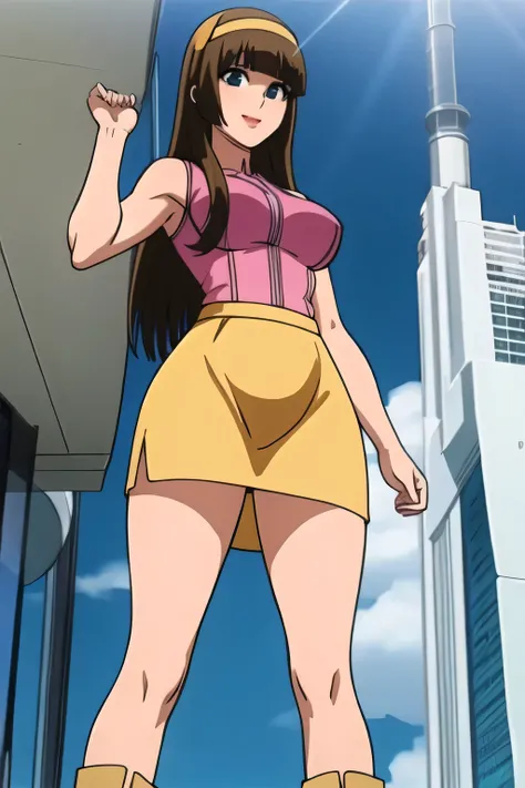 please draw her expression more delicately，nice smile,Faces are very important,brown straight long hair，爆乳のbig boobsをさらにbig boobsに描いて下さい，micro mini skirt，I'm wearing boots，Yellow hair band on the head,，，smiling woman watching the view from the roof of a sk...