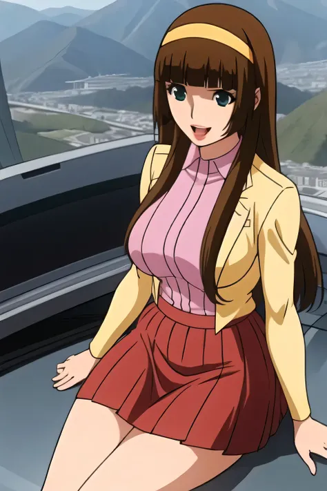 nice smile,Faces are very important,brown straight long hair，big breastsをさらにbig breastsに描いて下さい，micro mini skirt，I'm wearing boots，Yellow hair band on the head,，，Smiling woman looking at the scenery from the roof of a high-rise building，，            ,（Let's...