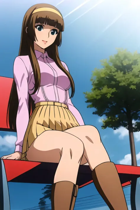 nice smile,Faces are very important,brown straight long hair，big boobsをさらにbig boobsに描いて下さい，micro mini skirt，I'm wearing boots，Yellow hair band on the head,，，can you draw a picture sitting with legs open on a park bench，blue pantiesがはっきり見える，，            ,（L...