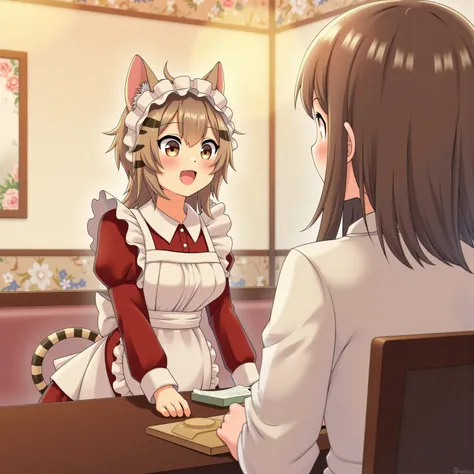 high resolution images in front of the teacher,The cat's maid、wears white and red maid clothes、striped tiger cat。Working at a maid cafe 
