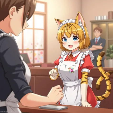 high resolution images in front of the teacher,The cat's maid、wears white and red maid clothes、striped tiger cat。Working at a maid cafe 
