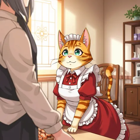 high resolution images in front of the teacher,The cat's maid、wears white and red maid clothes、striped tiger cat。Working at a maid cafe 