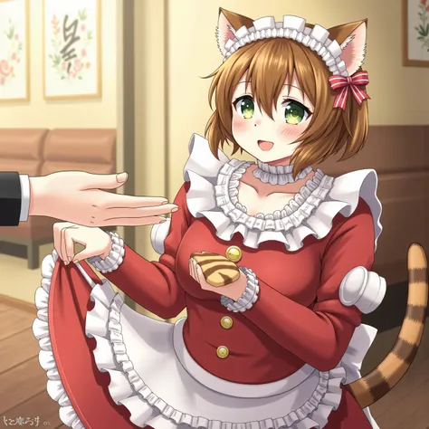 high resolution images in front of the teacher,The cat's maid、wears white and red maid clothes、striped tiger cat。Working at a maid cafe 