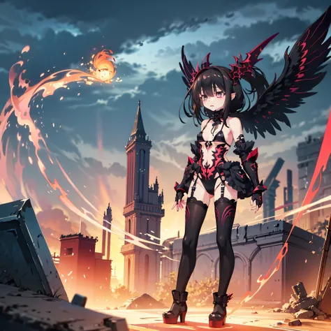 masterpiece, best quality, dark-themed flugel original character, wearing a black string micro bikini with only nipple coverage, sideboob exposed, confident and powerful expression, black glowing wings, cracked halo above head, long dark purple hair flowin...