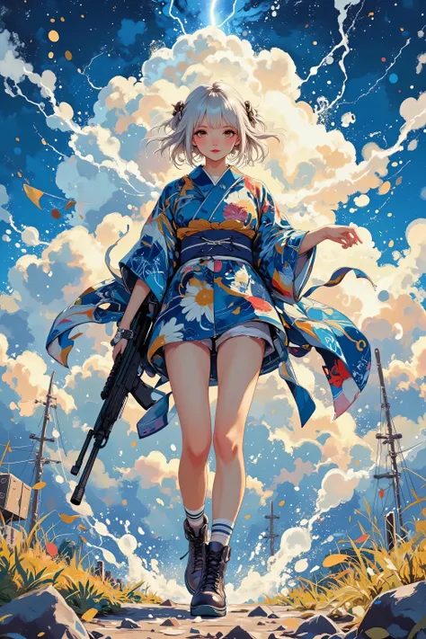 Acrylic paint styles, on the theme of explosive summer thunderclouds A powerful full-body shot of a punk rock girl who did it {x} a powerful full-body shot similar to cumulonimbus clouds, a punk rock girl imagining shining summer thunderstorms、fluffy white...