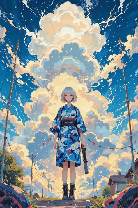 Acrylic paint styles, on the theme of explosive summer thunderclouds A powerful full-body shot of a punk rock girl who did it {x} a powerful full-body shot similar to cumulonimbus clouds, a punk rock girl imagining shining summer thunderstorms、fluffy white...