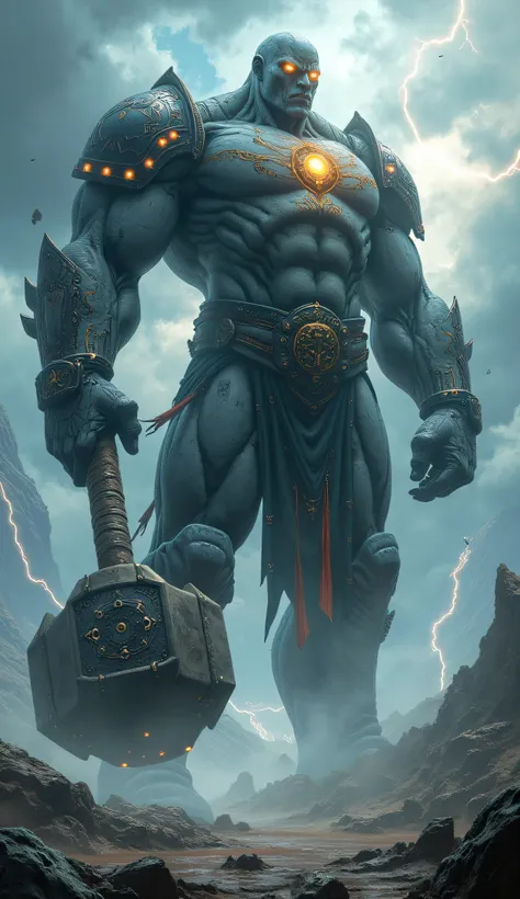 goliath, empty eyes, gray skin, stone skin, body tattoo, face tattoo, 1male, colossal Titan, towering over vast stormy landscape, part god, part mountain, body is formed of living stone, massive limbs carved by time and weather, ancient glowing runes etche...
