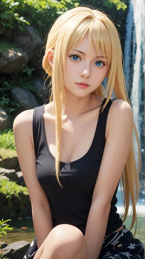 1girl, solo,alice zuberg,blue eyes,blonde hair,outdoors,potrait,medium breast,lake backround,(black tanktop:1.5),long hair,front view,potrait,close up,wear sarong, sitting under waterfall
