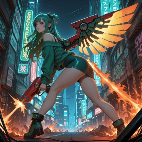 masterpiece, best quality, amazing quality, hyper-detailed, newest, very aesthetic, city, night 1girl, Vannamelon, long hair, green hair, two side up,  \(clothing\), green short skirt, pencil skirt, green sweater, off-shoulder sweater, looking at viewer, o...