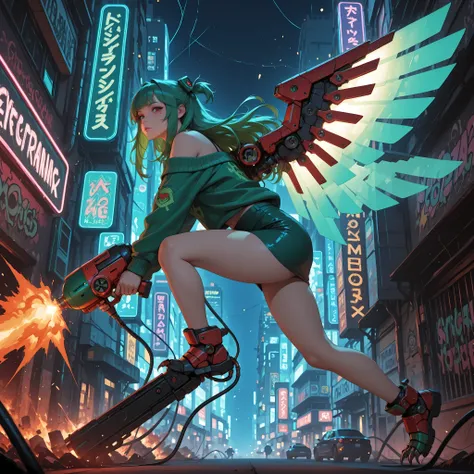 masterpiece, best quality, amazing quality, hyper-detailed, newest, very aesthetic, city, night 1girl, Vannamelon, long hair, green hair, two side up,  \(clothing\), green short skirt, pencil skirt, green sweater, off-shoulder sweater, looking at viewer, o...