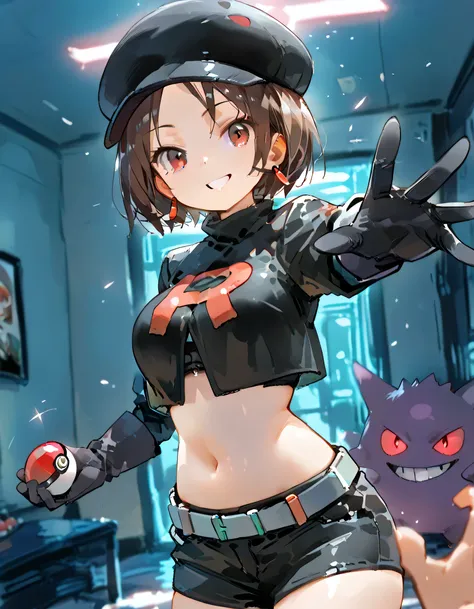 sideview+,(looking at viewer),1girl,grin, brown very short hair,(parted bangs), slant red eyes,black cropped cap,midriff tops, navel,depth of field, fake traditional media, Picturesque, Impressionism, masterpiece, high score,  Great score , very high resol...