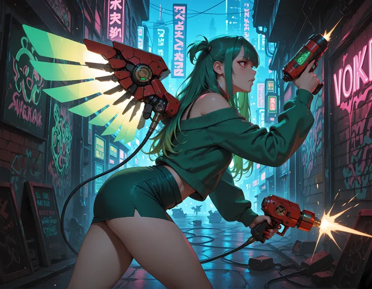 masterpiece, best quality, amazing quality, hyper-detailed, newest, very aesthetic, night 1girl, Vannamelon, frowning, battle, long hair, green hair, two side up,  \(clothing\), green short skirt, pencil skirt, green sweater, off-shoulder sweater, outdoors...