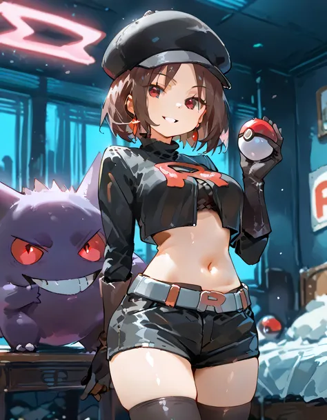 (sideview+),(with gengar(pokemon)),(looking at viewer),1girl,grin, brown very short layered cut hair,(parted bangs), slant red eyes,black cropped cap,midriff tops, navel,depth of field, fake traditional media, Picturesque, Impressionism, masterpiece, high ...