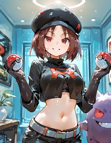 (sideview+),(with gengar(pokemon)),(looking at viewer),1girl,grin, brown very short layered cut hair,(parted bangs), slant red eyes,black cropped cap,midriff tops, navel,depth of field, fake traditional media, Picturesque, Impressionism, masterpiece, high ...