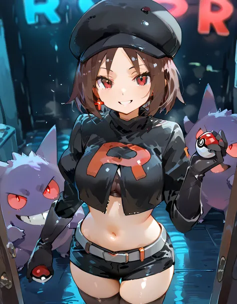from above,(sideview+),(with gengar(pokemon)),(looking at viewer),1girl,grin, brown very short layered cut hair,(parted bangs), slant red eyes,black cropped cap,midriff tops, navel,depth of field, fake traditional media, Picturesque, Impressionism, masterp...