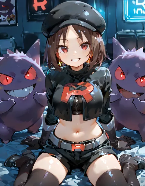 from above,(wariza),with gengar(pokemon),(looking at viewer),1girl,grin, brown very short layered cut hair,(parted bangs), slant red eyes,black cropped cap,midriff tops, navel,depth of field, fake traditional media, Picturesque, Impressionism, masterpiece,...