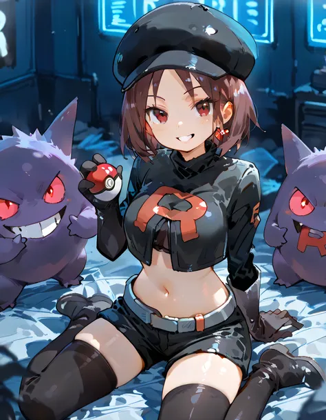 from above,(wariza),with gengar(pokemon),(looking at viewer),1girl,grin, brown very short layered cut hair,(parted bangs), slant red eyes,black cropped cap,midriff tops, navel,depth of field, fake traditional media, Picturesque, Impressionism, masterpiece,...